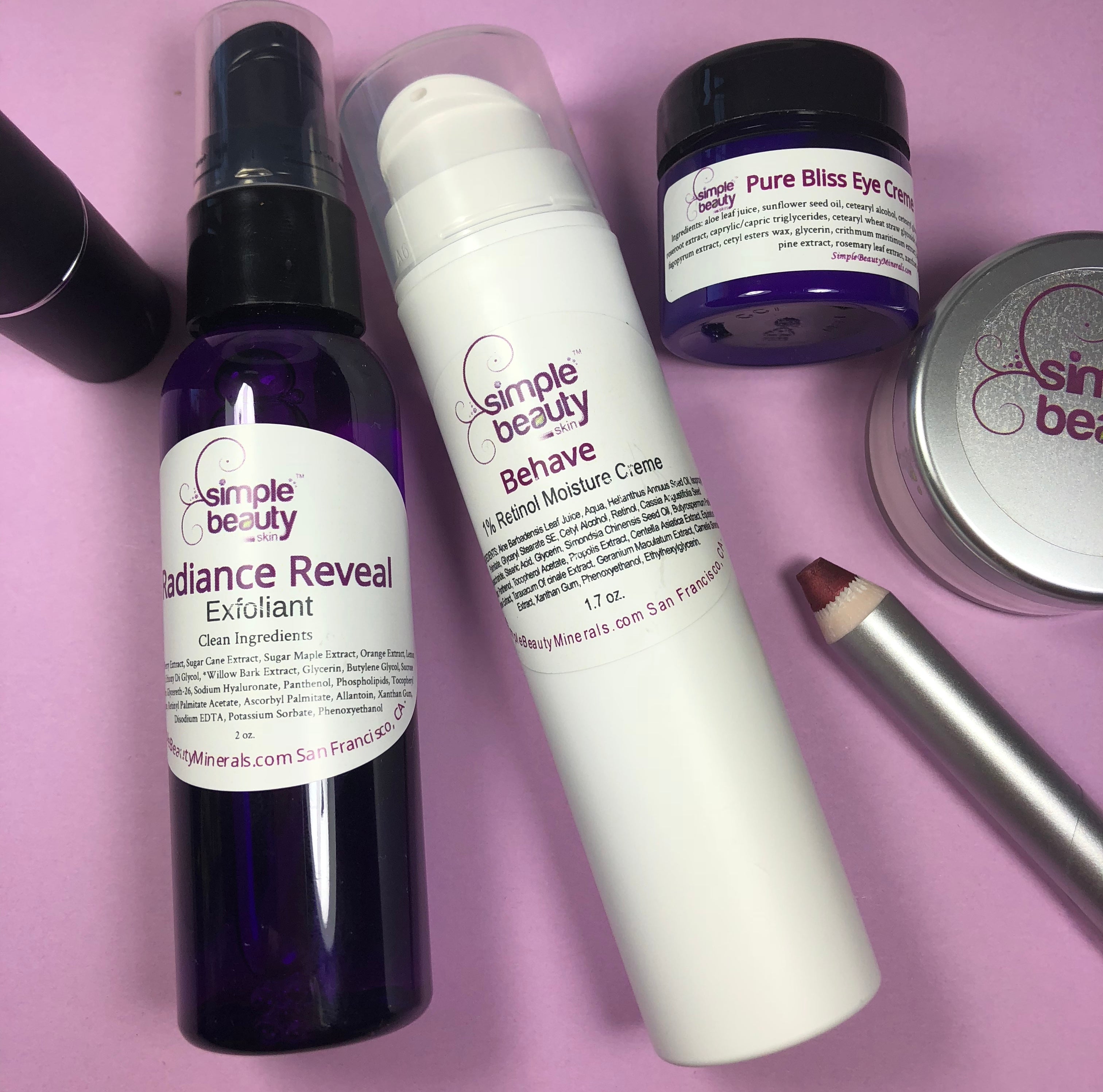 skin care bottles and jars on a purple background