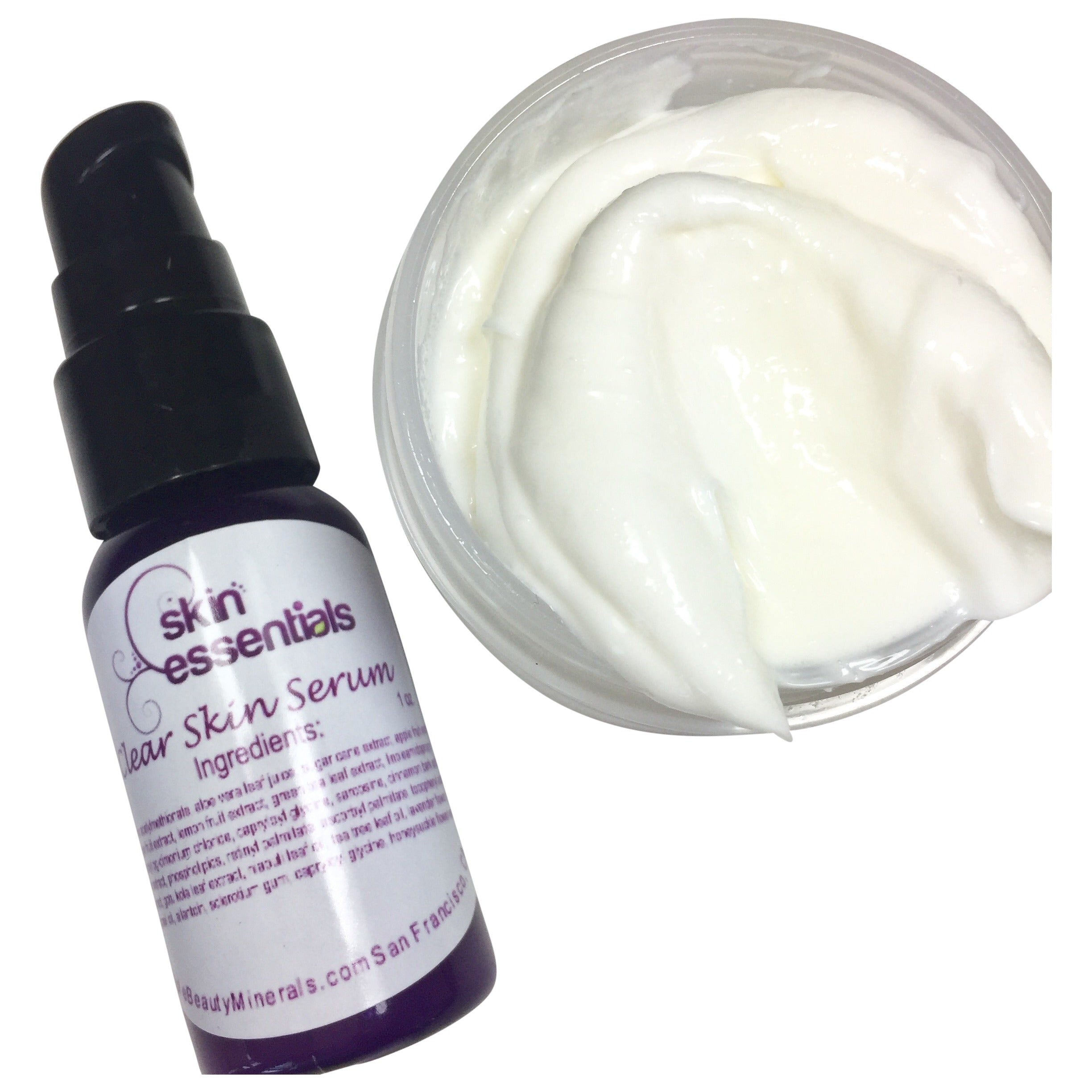 clear skin serum pump and rich cream jar open