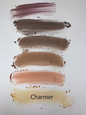 swatch on white paper of eyeshadows one of which is Charmer