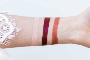 Swatches of Pashmina Eyeshadow, Sumac Mineral Rich Lipstick and Adore Mineral Lip Liner