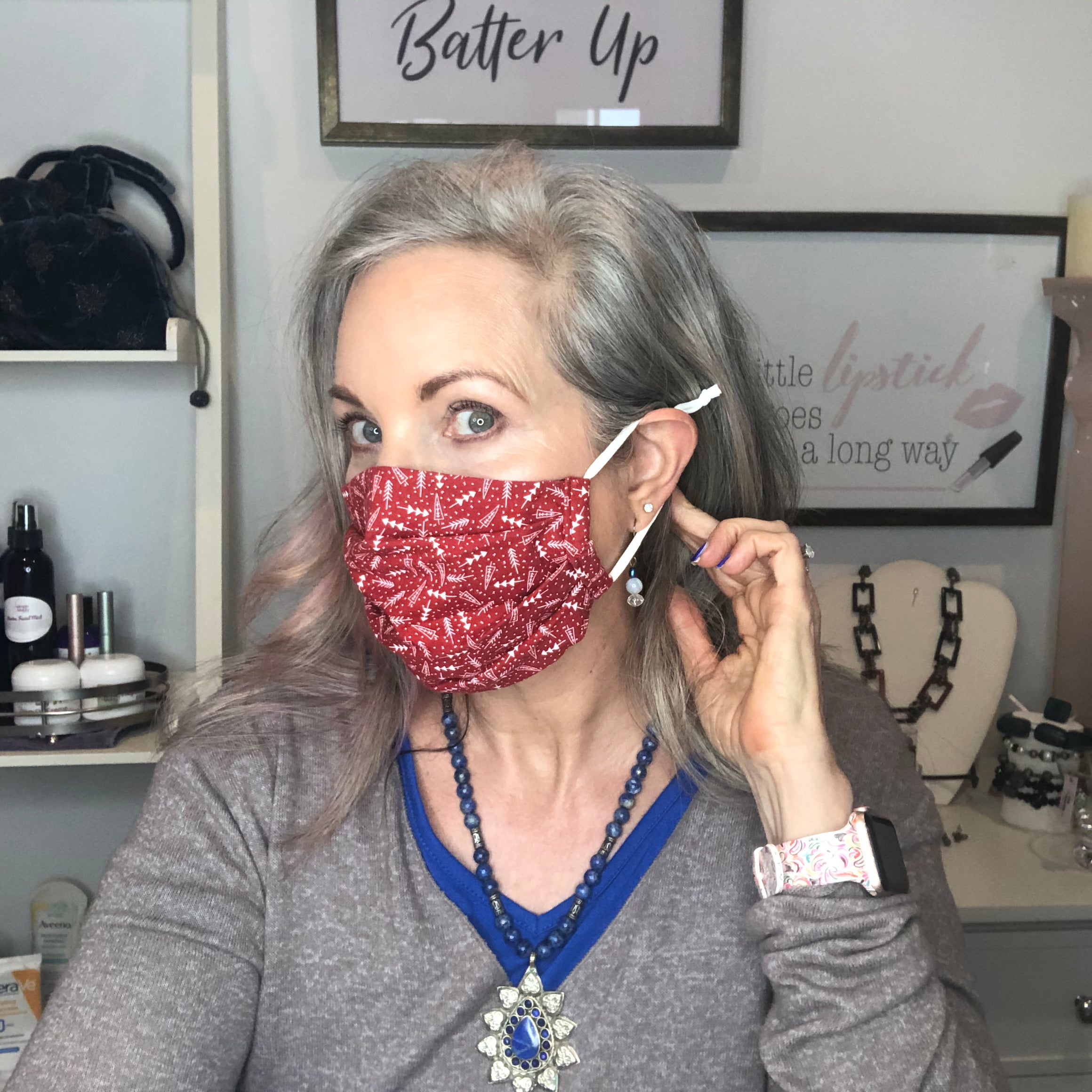 lisa wearing red protective face mask