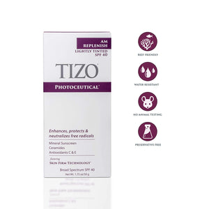 TIZO® AM REPLENISH IS FORMULATED WITH ZINC OXIDE, CERAMIDES, AND POWERFUL ANTIOXIDANTS (VITAMINS C AND E). front of box