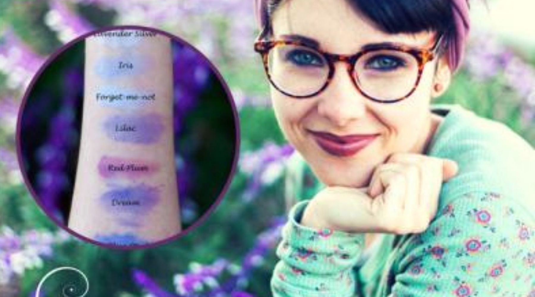 purple shadow swatches with young woman in glasses