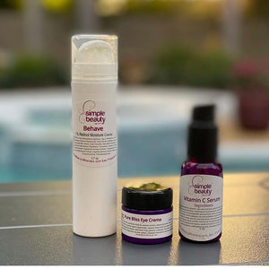 skincare trio including behave with pool in background