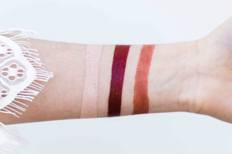 swatch of pashmina eyeshadow, sumac lip crayon and nude lip pencil